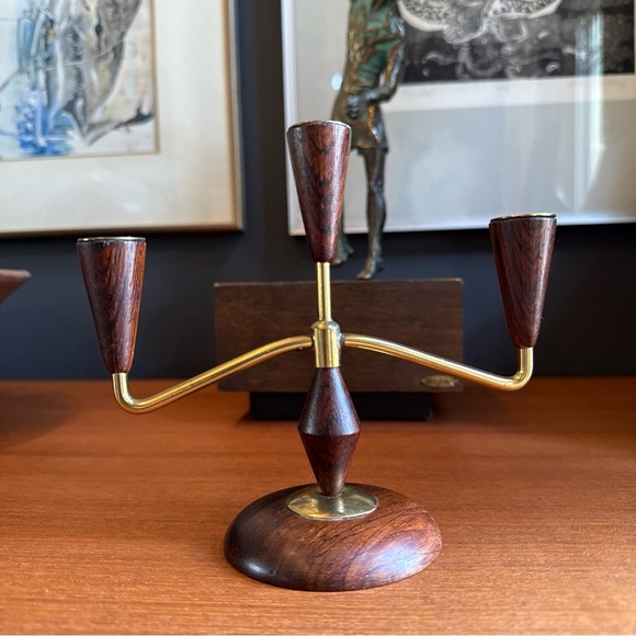 Mcm Mid-century modern vintage teak/rosewood ? brass candle holder - Picture 2 of 12